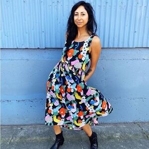 Nooworks Naomi Dress Party Print Rayon Midi Multicolor Small EUC